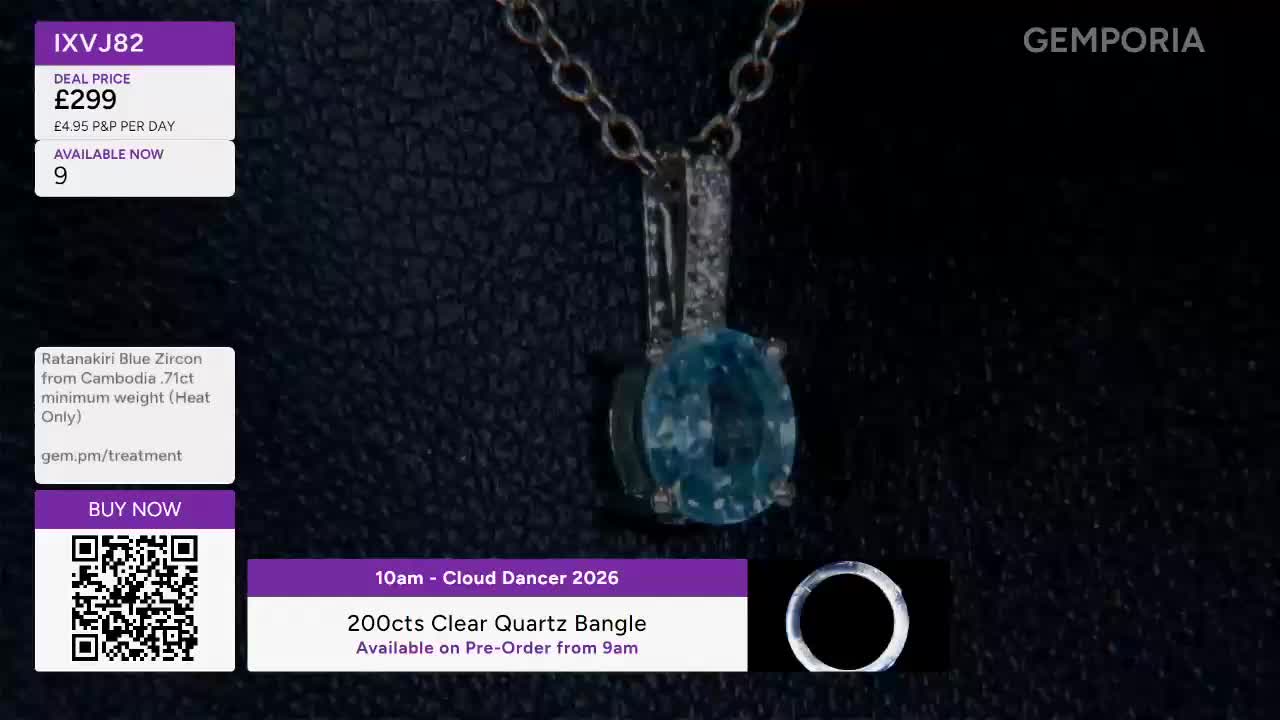 A delicate silver chain holds a striking oval blue zircon, its facets catching the light. Below it, a banner announces a "Cloud Dancer 2026" bangle, available for pre-order.