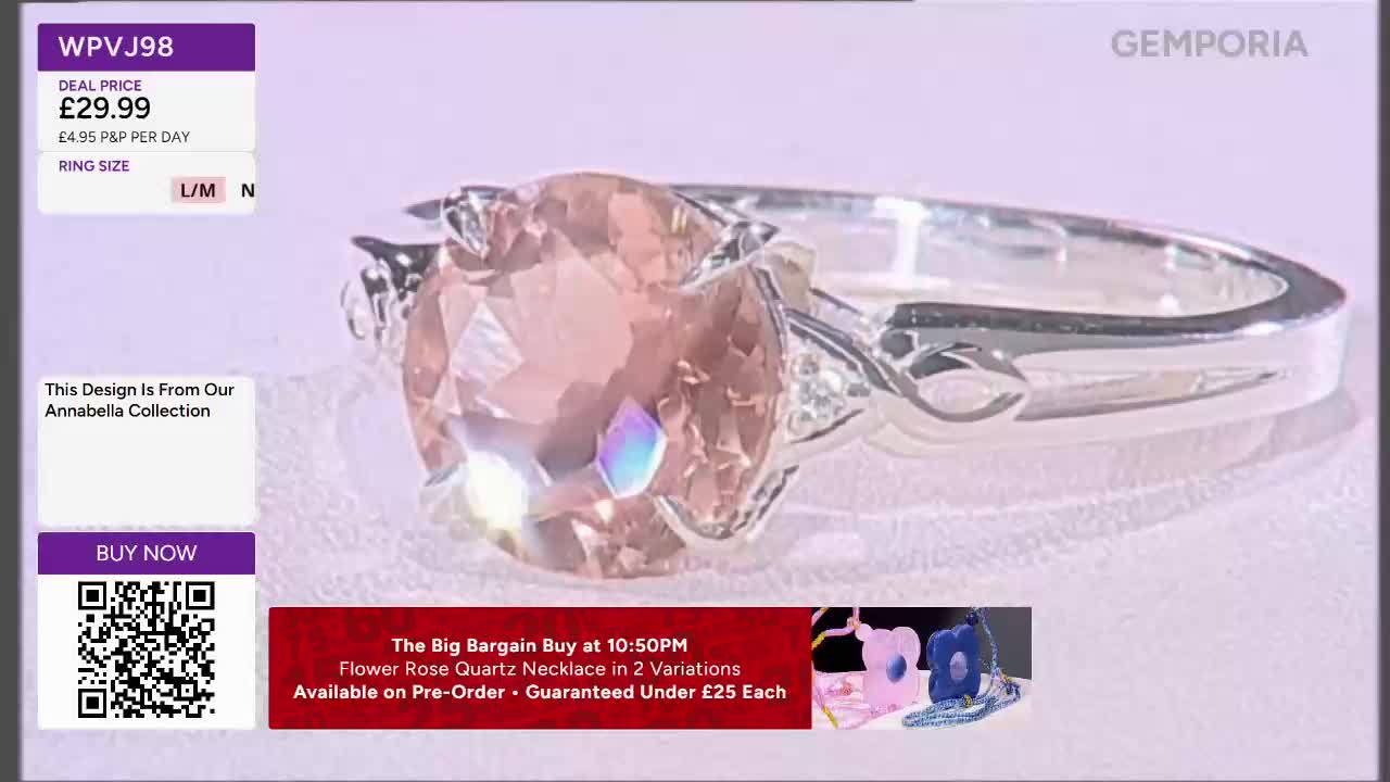 A large, peachy-pink gemstone sparkles on a silver ring, catching the light. The ring is part of a jewellery presentation, with a price and "Buy Now" button visible on the left.