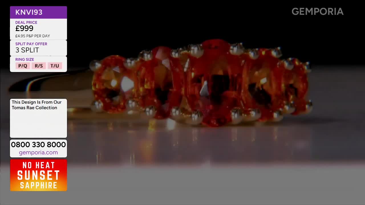 A ring with numerous bright orange stones sits on a reflective surface. The Gems TV logo is visible in the top right corner.