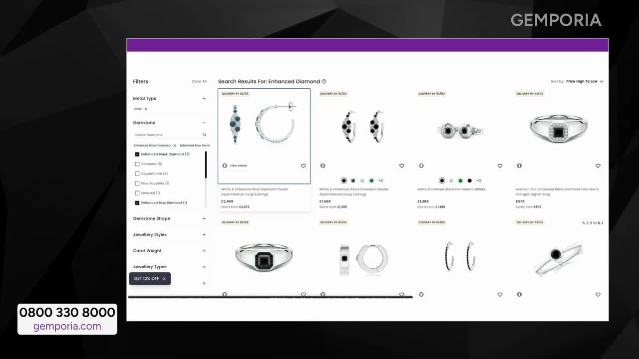A website displays jewellery, with filters on the left and product images on the right. The Gems TV logo is visible in the top right corner.