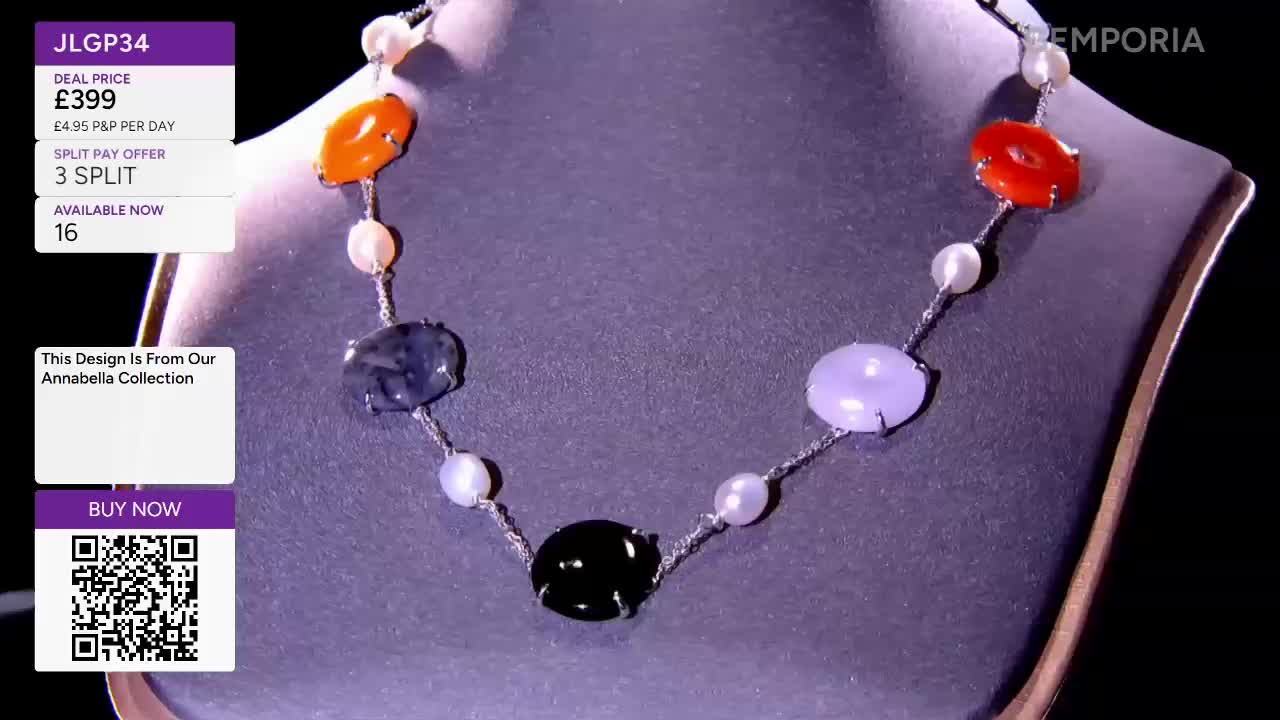 A necklace with a mix of colourful stones and pearls drapes across a display bust. The Gems TV logo is visible in the top right corner.