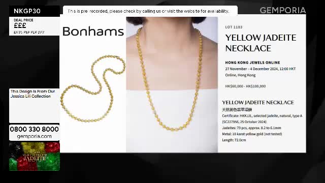 A delicate yellow jadeite necklace, strung with 79 polished beads, drapes over a white background. The necklace is also shown laid out in a graceful curve, its 18-karat yellow gold chain glinting softly.