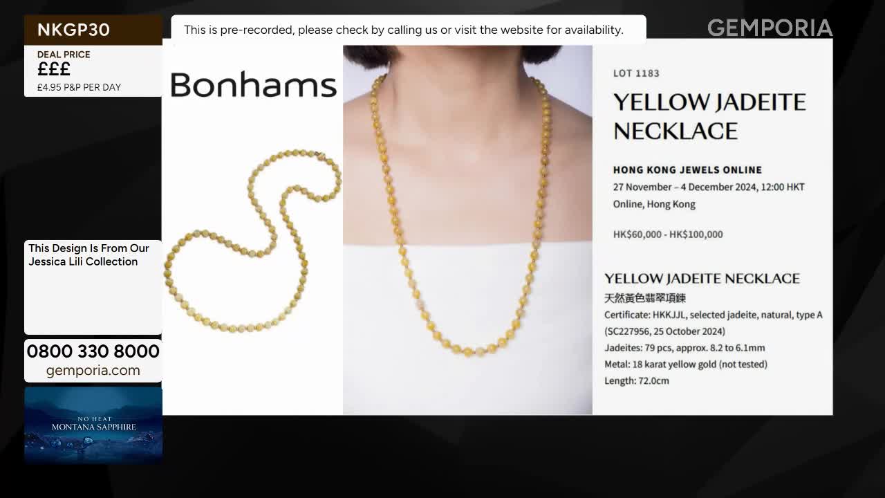 A long yellow jadeite necklace drapes over a white top, its beads catching the light. To the left, a separate image displays the same necklace coiled loosely on a white background.