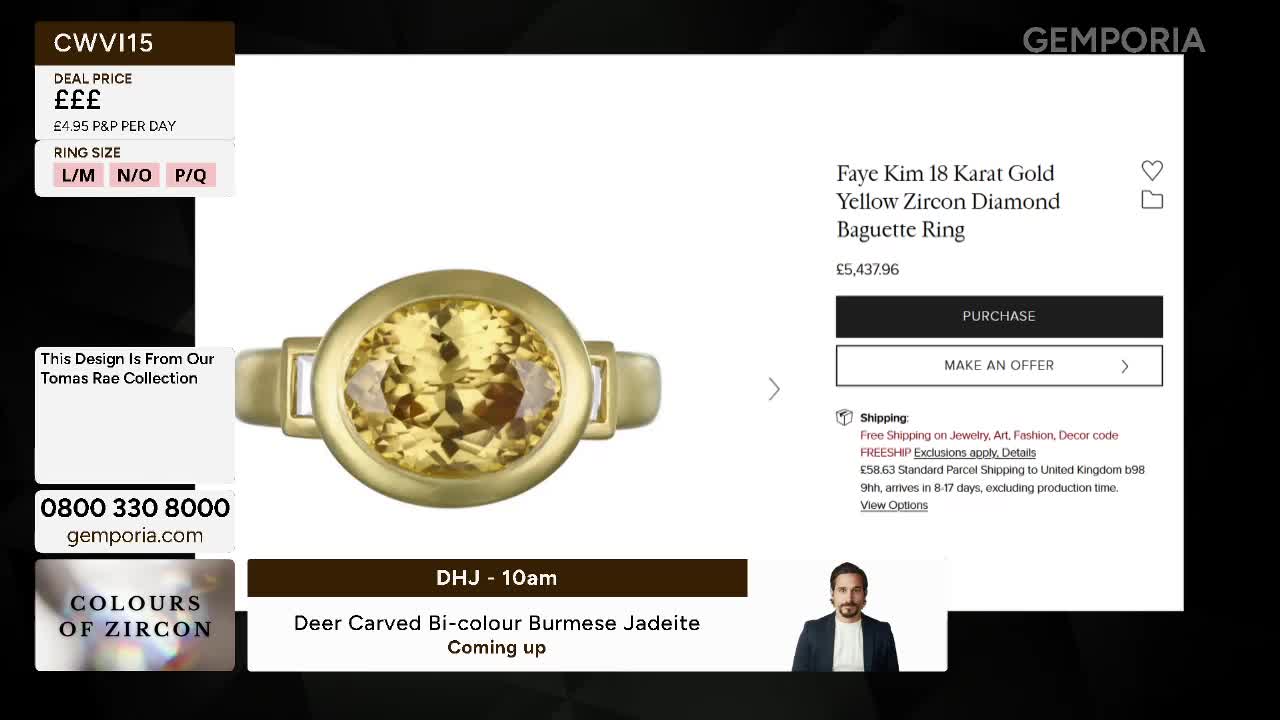 A large, oval yellow zircon is set in a gold ring, its facets catching the light. The ring is displayed on a white background, with details about its price and shipping to the UK on the right.