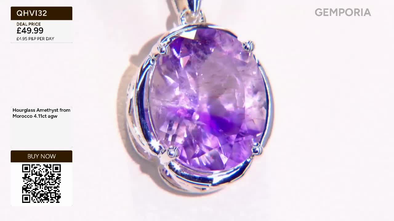 A large oval amethyst, faceted to catch the light, is held by a silver setting. This piece, described as an Hourglass Amethyst from Morocco, is being presented on Gems TV for £49.99.