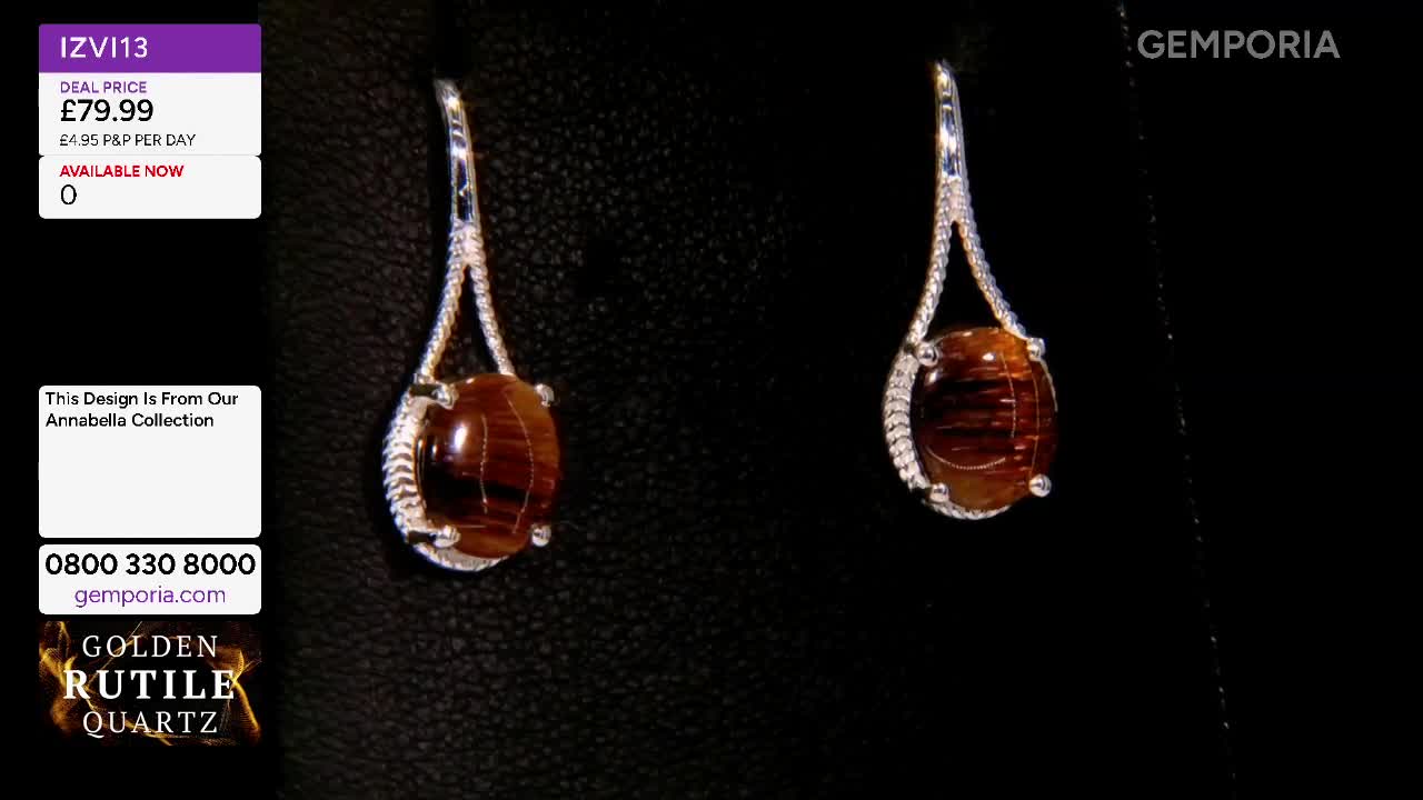Two ornate silver earrings, each holding a polished, striped brown gemstone, dangle against a dark background. The Gems TV logo and product details are displayed on the left.