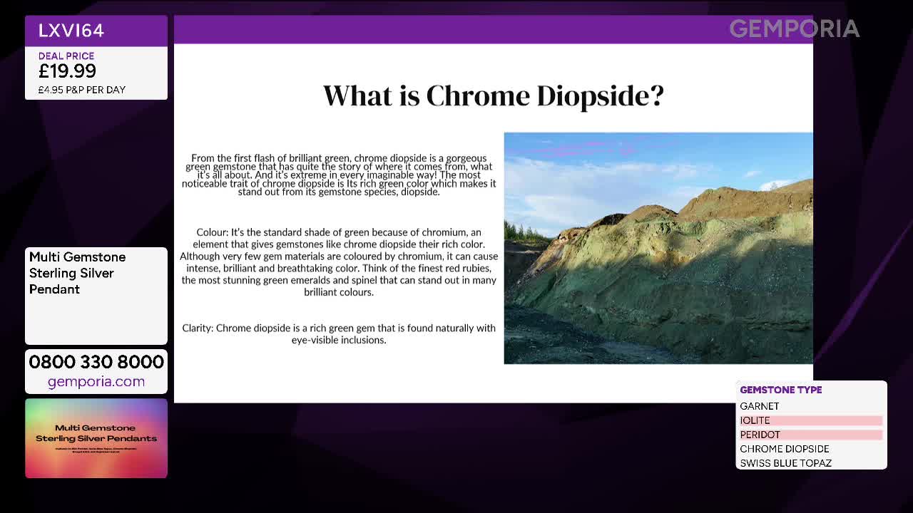 The screen displays information about chrome diopside, a green gemstone. A photograph shows a layered hillside with distinct green and brown strata under a blue sky.