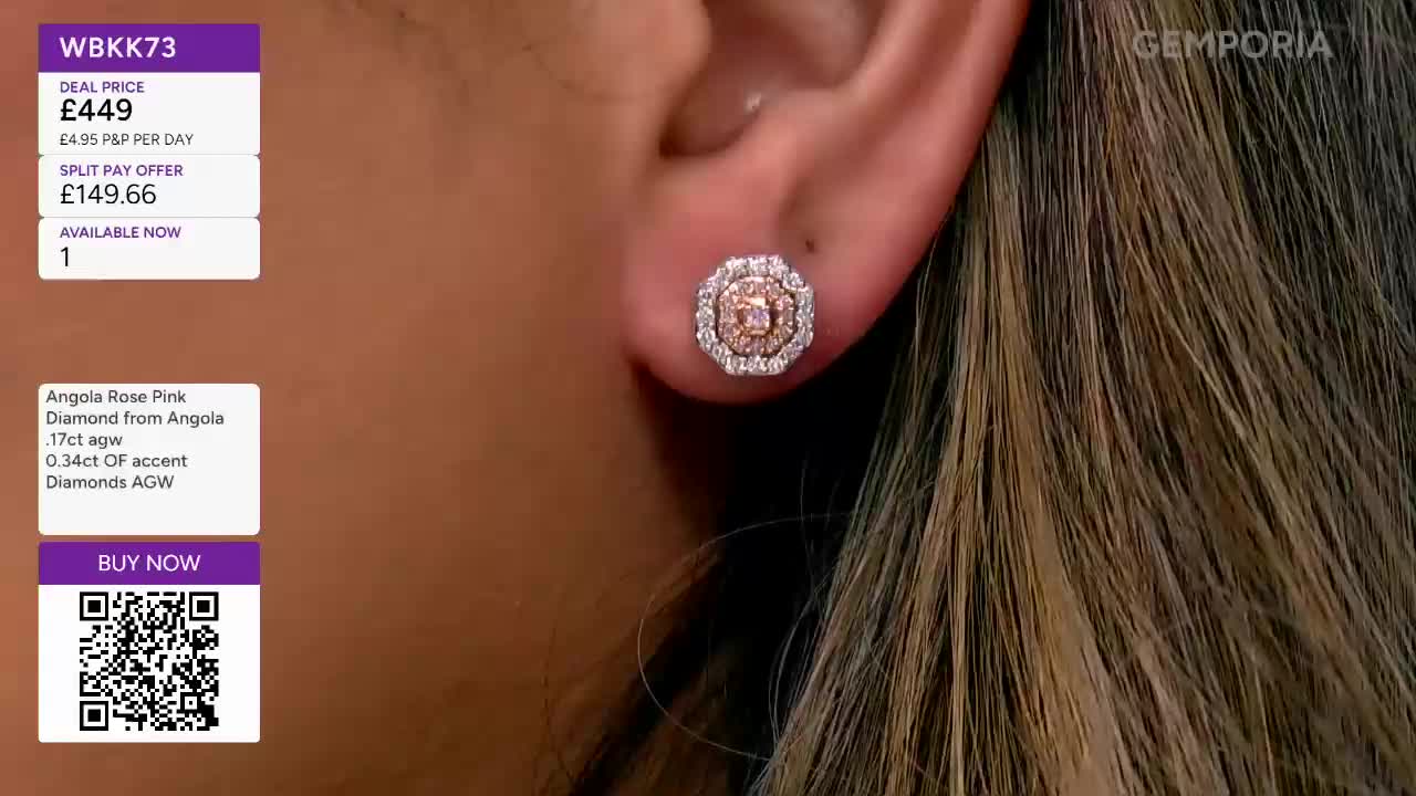 A pair of rose and white diamond earrings sparkle on a woman's ear, displayed on Gems TV. The price is £449, with a split pay option of £149.66.