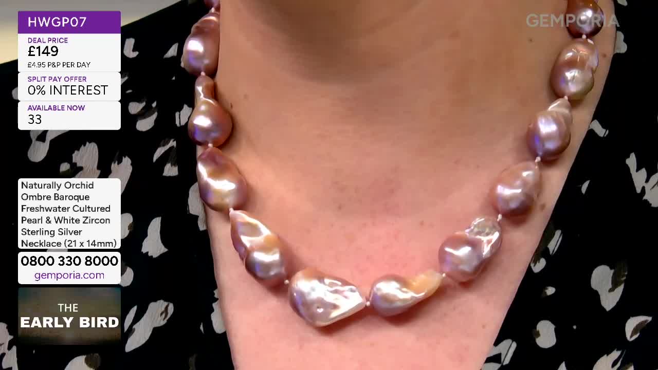 The large, iridescent pearls of the necklace catch the light as they rest against the presenter's neck. A graphic on the left displays the deal price of £149 for the "Naturally Orchid Ombre Baroque Freshwater Cultured Pearl & White Zircon Sterling Silver Necklace."