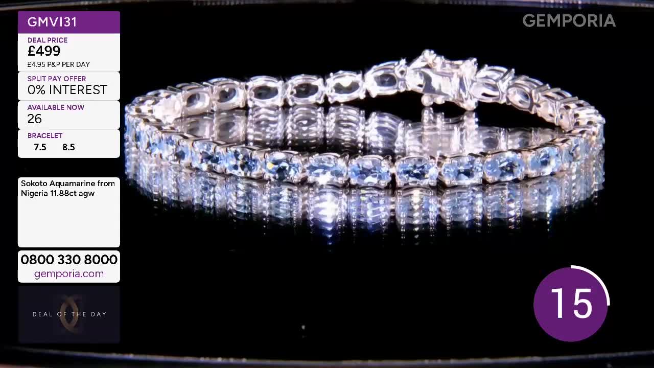 A delicate aquamarine bracelet, its pale blue stones catching the light, sits on a reflective black surface. The bracelet's intricate clasp is clearly visible, and information about its origin and price from Gems TV is displayed on the left.