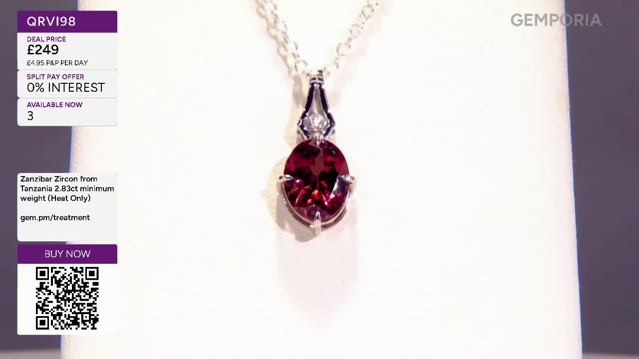 A deep red oval Zanzibar Zircon hangs from a delicate silver chain, its facets catching the light. The Gemporia logo is visible in the corner, along with details about the pendant's price and origin.