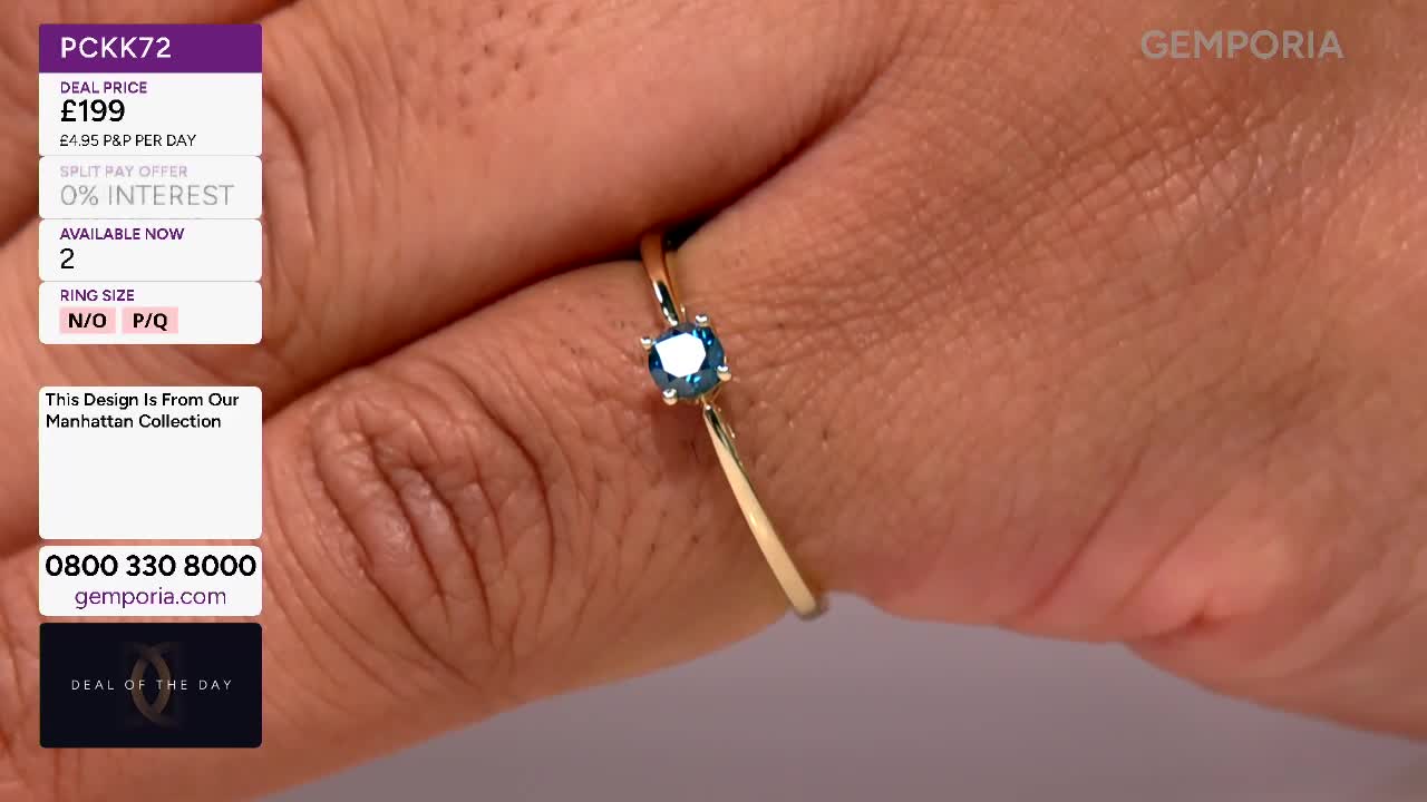 A delicate gold ring with a single blue stone sits on a finger. Information about the ring, including its price and availability from Gems TV, is displayed on the left.