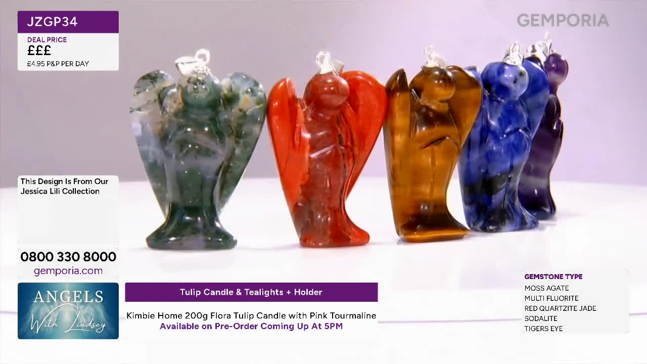 A line of carved gemstone angels stands on display. A green moss agate angel is followed by a red carnelian, a tiger's eye, a sodalite, and a purple amethyst.