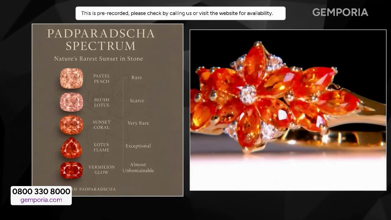 A vibrant orange and white gemstone ring, crafted to resemble a flower, is presented on a dark background. Beside it, a chart displays various shades of padparadscha sapphires, each labelled with its rarity.