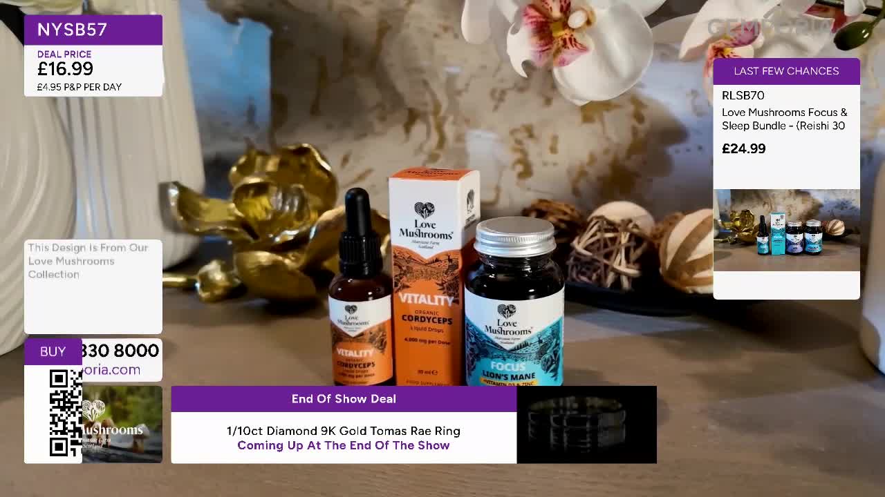 A trio of Love Mushrooms products sits centre stage, with a bottle of liquid drops, a box of Vitality Cordyceps, and a jar of Focus Lion's Mane supplements. A graphic overlay announces an "End Of Show Deal" for a diamond ring.