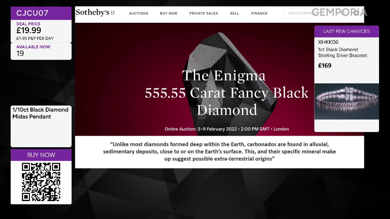 A massive, faceted black diamond dominates the screen, its facets catching the light. Below it, a description of its origins is displayed, alongside details for an online auction ending soon.