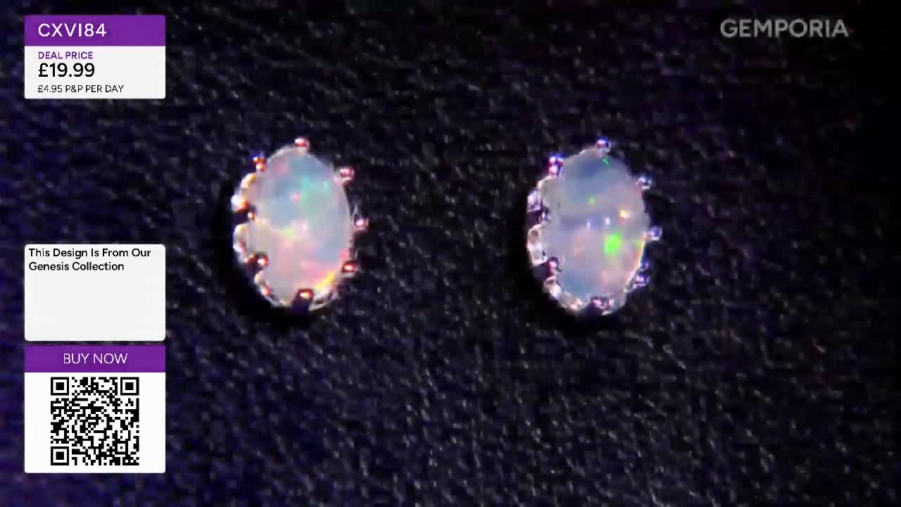 A pair of oval opals, each with a subtle play of green and pink light, sit on a dark, textured surface. The Gems TV logo is visible in the upper right corner.