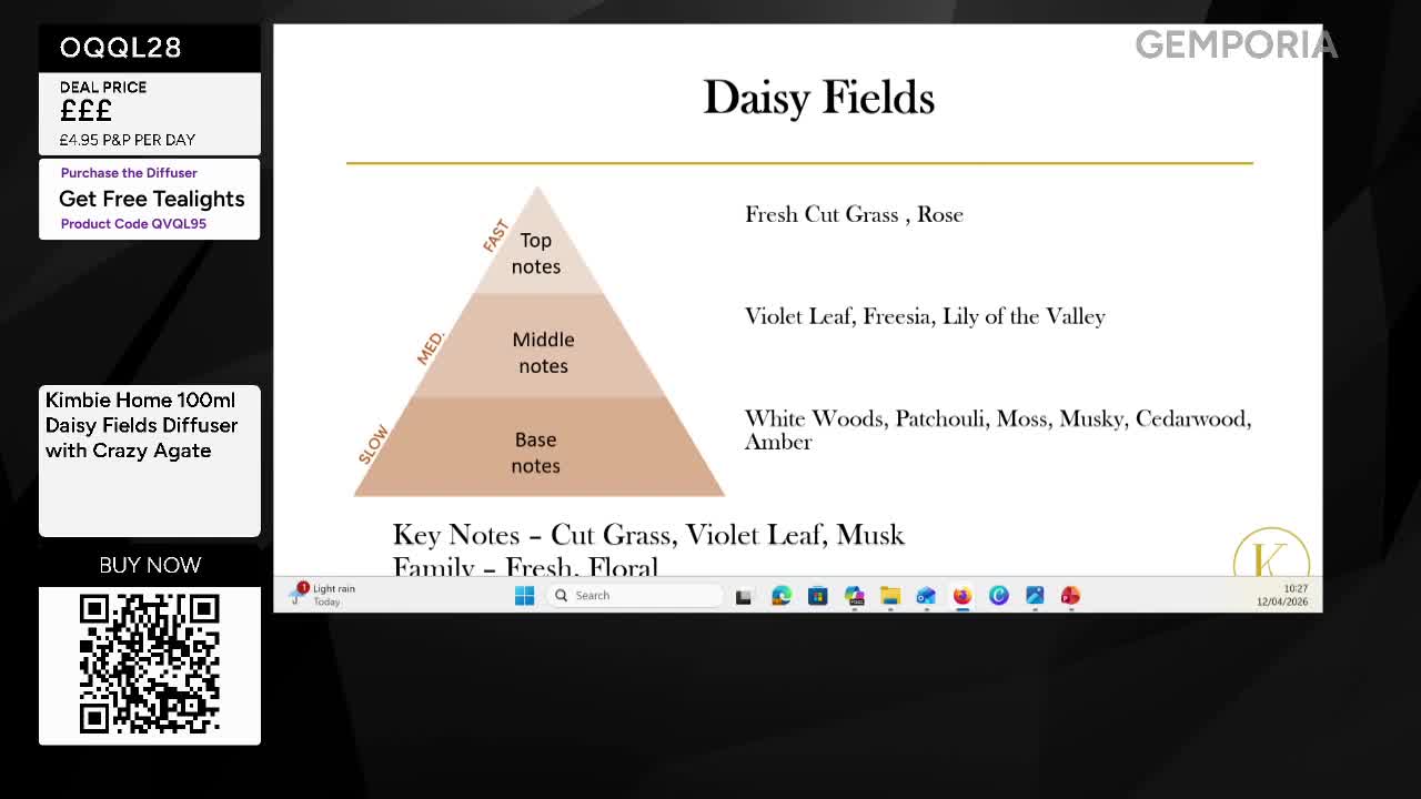 The screen displays information about a "Daisy Fields" diffuser from Kimbie Home, detailing its scent notes. A pyramid graphic illustrates how the fragrance components, like fresh cut grass and rose, evolve over time. The screen displays information about a "Daisy Fields" diffuser from Kimbie Home, detailing its scent notes. A pyramid graphic illustrates how the fragrance components, like fresh cut grass and rose, evolve over time.