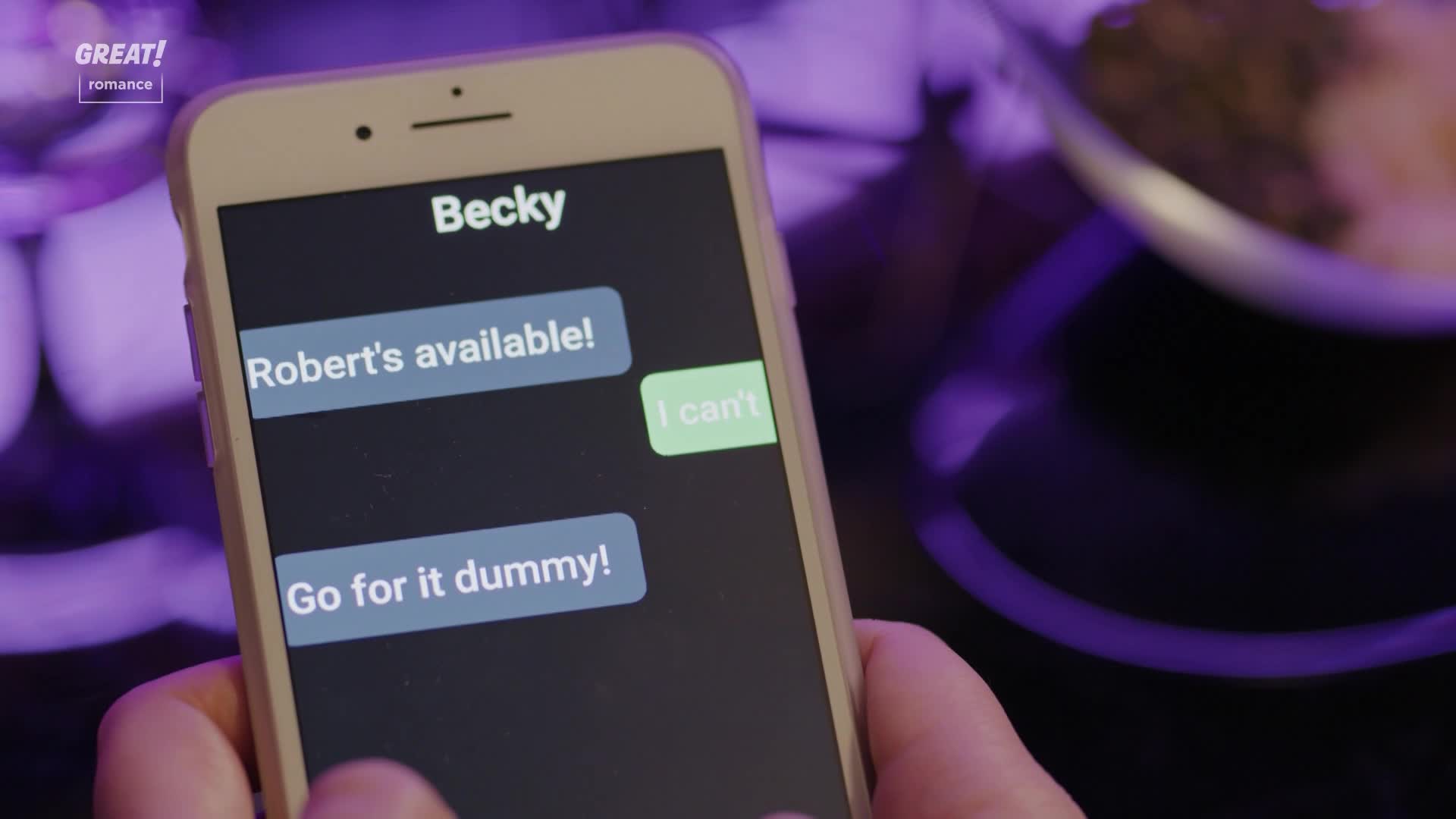 A phone displays a text conversation between "Becky" and someone else. The screen shows a green "I can't" button next to a message about "Robert."
