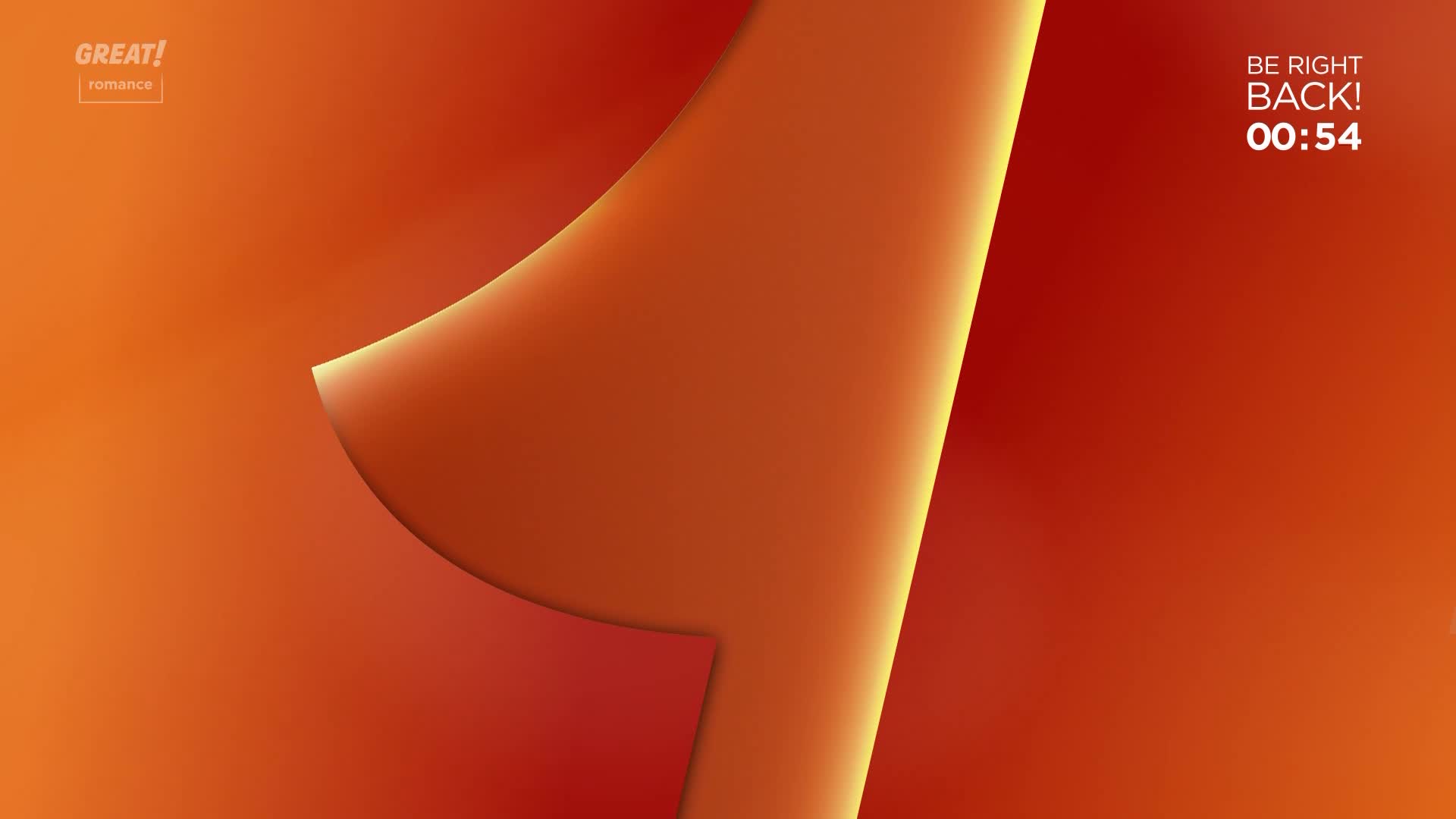 A curved, orange shape cuts across a gradient background. The screen is counting down, indicating a short break from the "GREAT! romance" programming.
