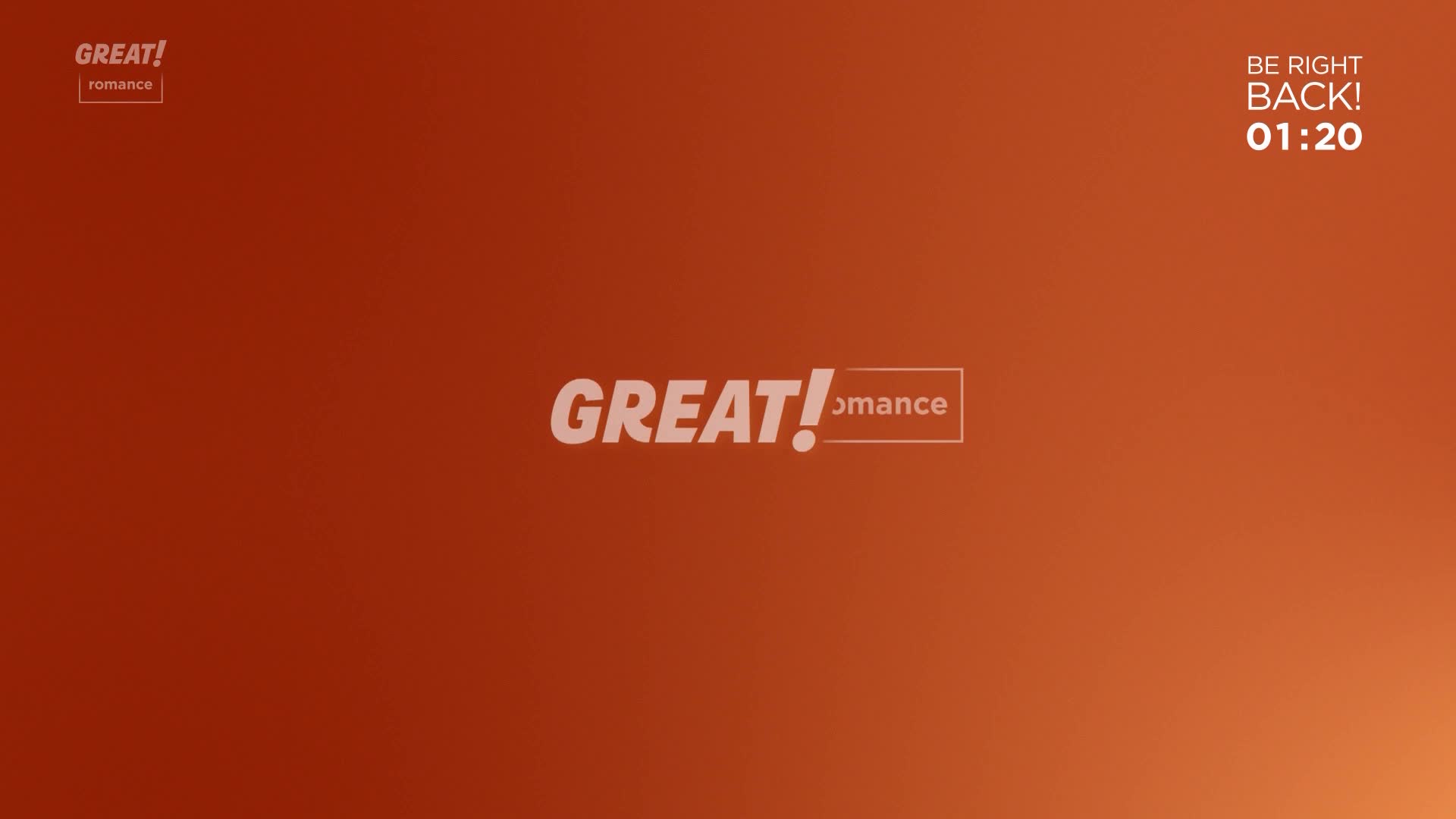 The screen displays a warm orange gradient with the "GREAT! romance" logo in the middle. A timer in the corner indicates a short break is underway.
