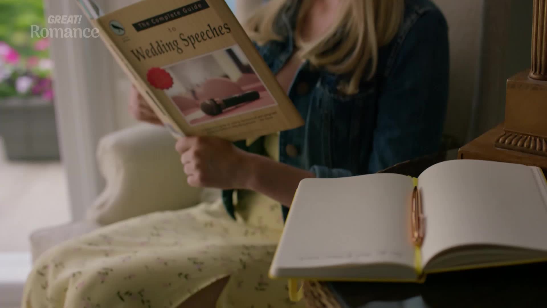 A woman in a yellow dress and denim jacket is engrossed in a book titled "The Complete Guide to Wedding Speeches." Beside her, a notebook lies open with a rose-gold pen resting on its pages, ready for her thoughts. A woman in a yellow dress and denim jacket is engrossed in a book titled "The Complete Guide to Wedding Speeches." Beside her, a notebook lies open with a rose-gold pen resting on its pages, ready for her thoughts.