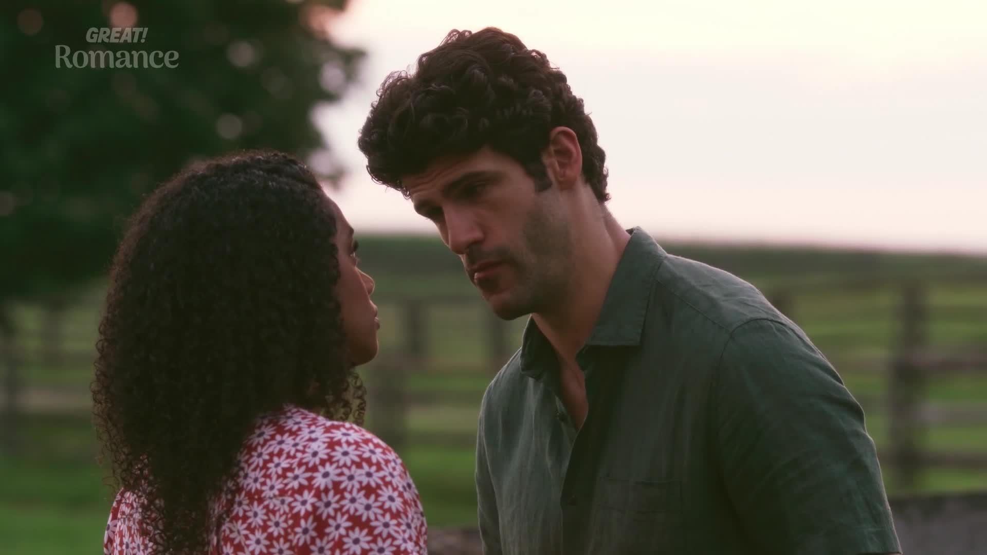 A man with dark, curly hair leans in, his gaze intense as he looks at a woman with a patterned dress. The soft light of dusk illuminates their faces against a backdrop of green fields and a pale sky.