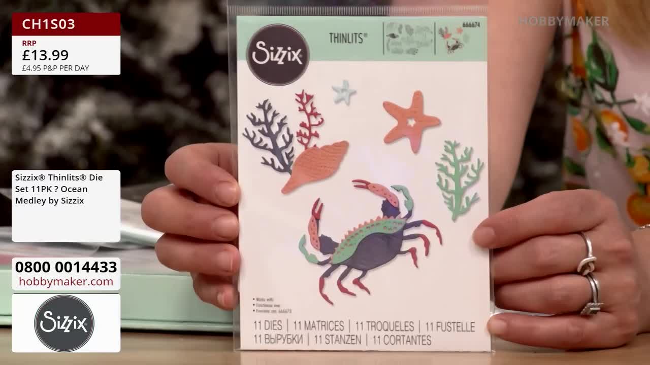 A woman on Hobby Maker in the United Kingdom holds up a package of Sizzix Thinlits dies. The die set, priced at £13.99, features colorful paper cutouts of sea creatures.
