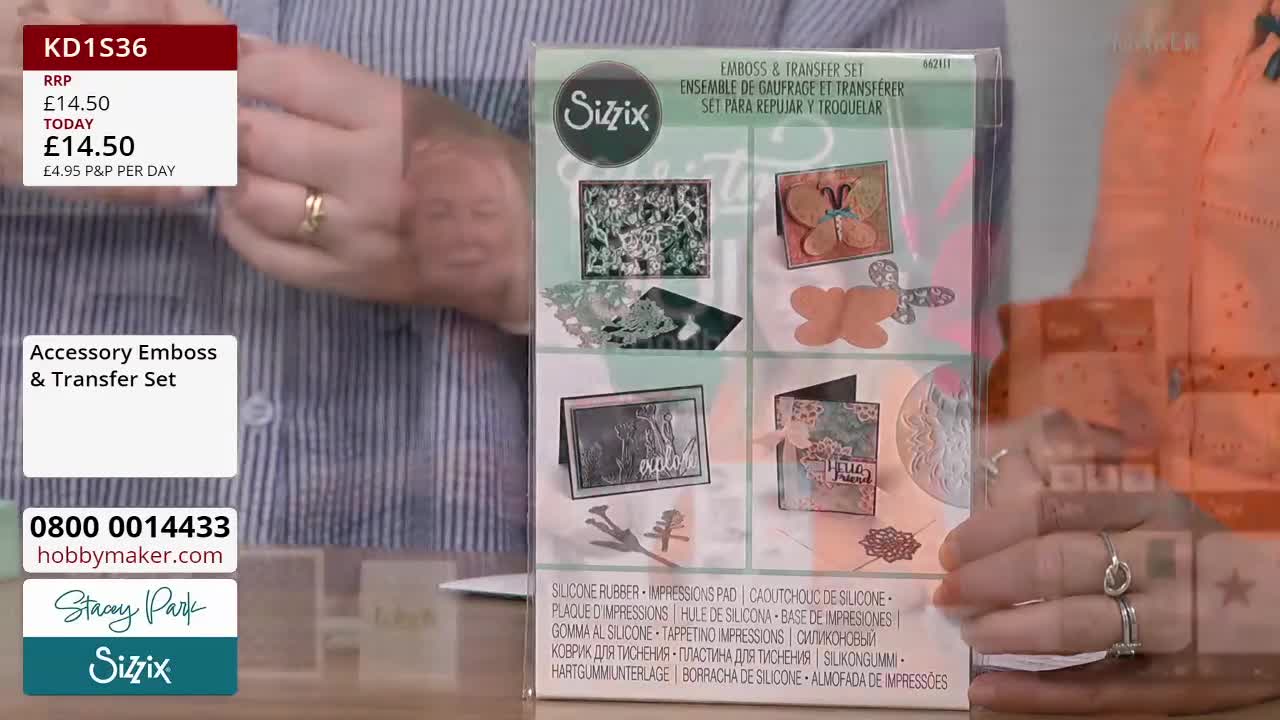 A clear plastic box displaying a Sizzix accessory set is held up, showing examples of embossed designs. The Hobby Maker logo and price details are visible on the screen.
