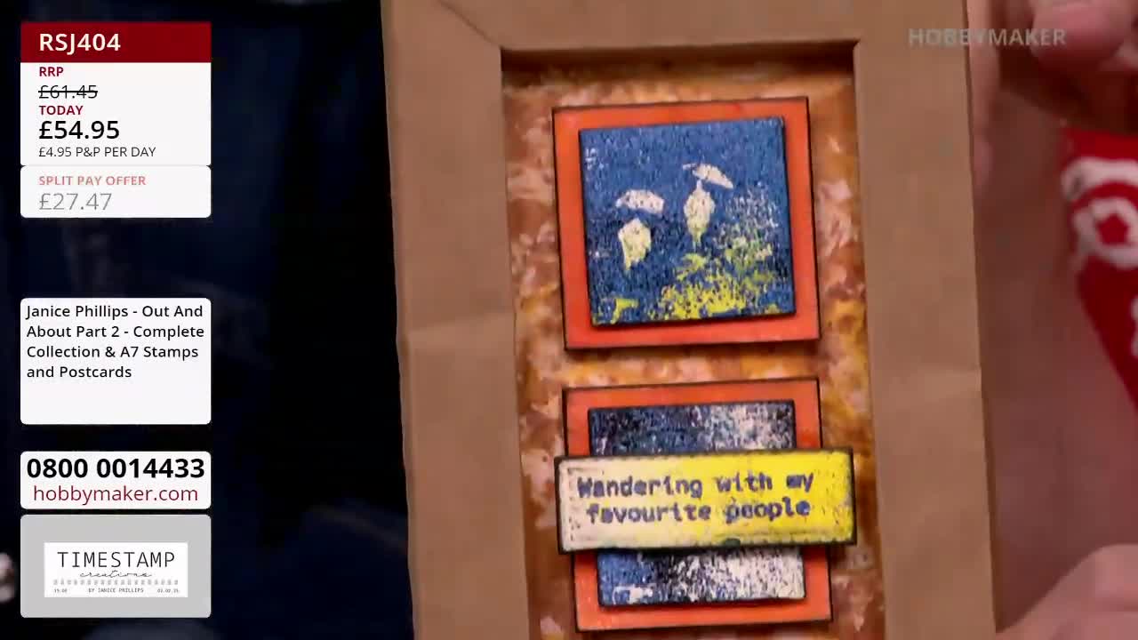A framed piece of art is displayed, featuring three small, colorful, textured squares with images and text. The Hobby Maker logo is visible at the top.
