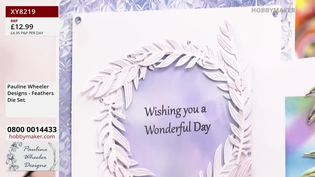 A card with a delicate feather wreath is displayed, the greeting "Wishing you a Wonderful Day" visible inside. The Hobby Maker price tag for the die set is prominent in the corner, offering a United Kingdom-based purchase.
