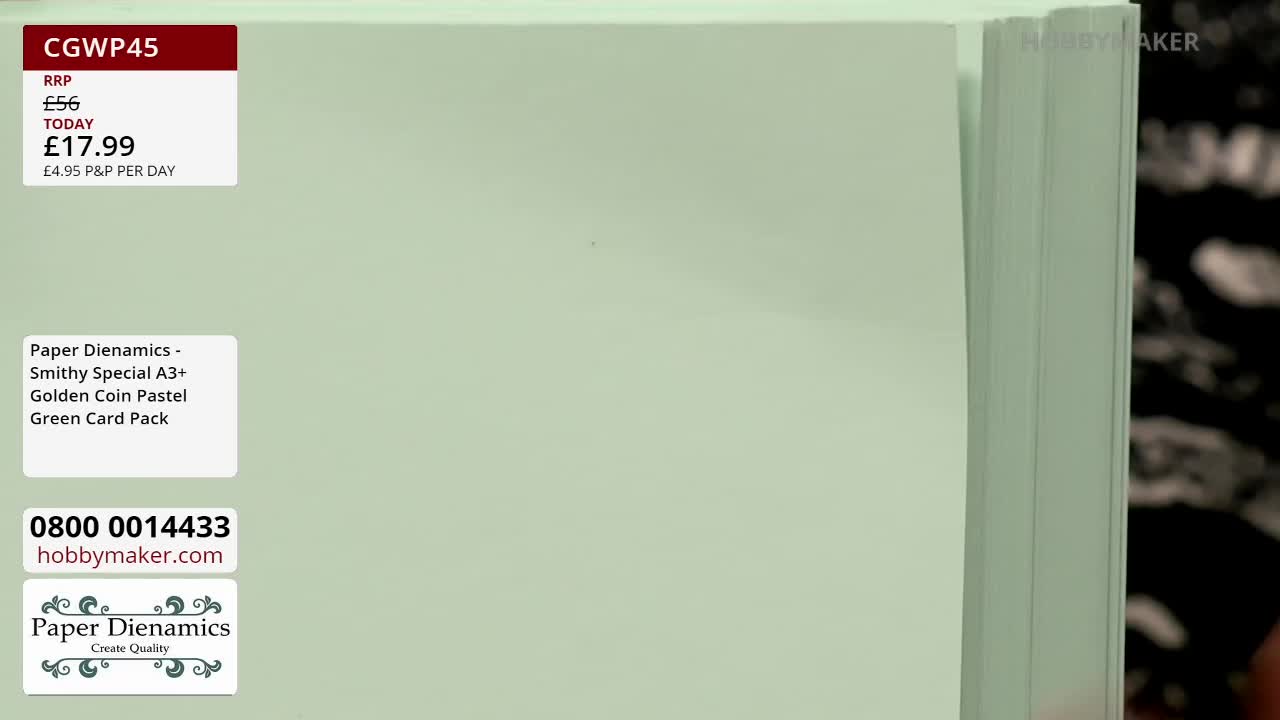 A stack of pale green cardstock is presented on the Hobby Maker channel. The camera focuses on the edge of the paper, highlighting the product's details and price.
