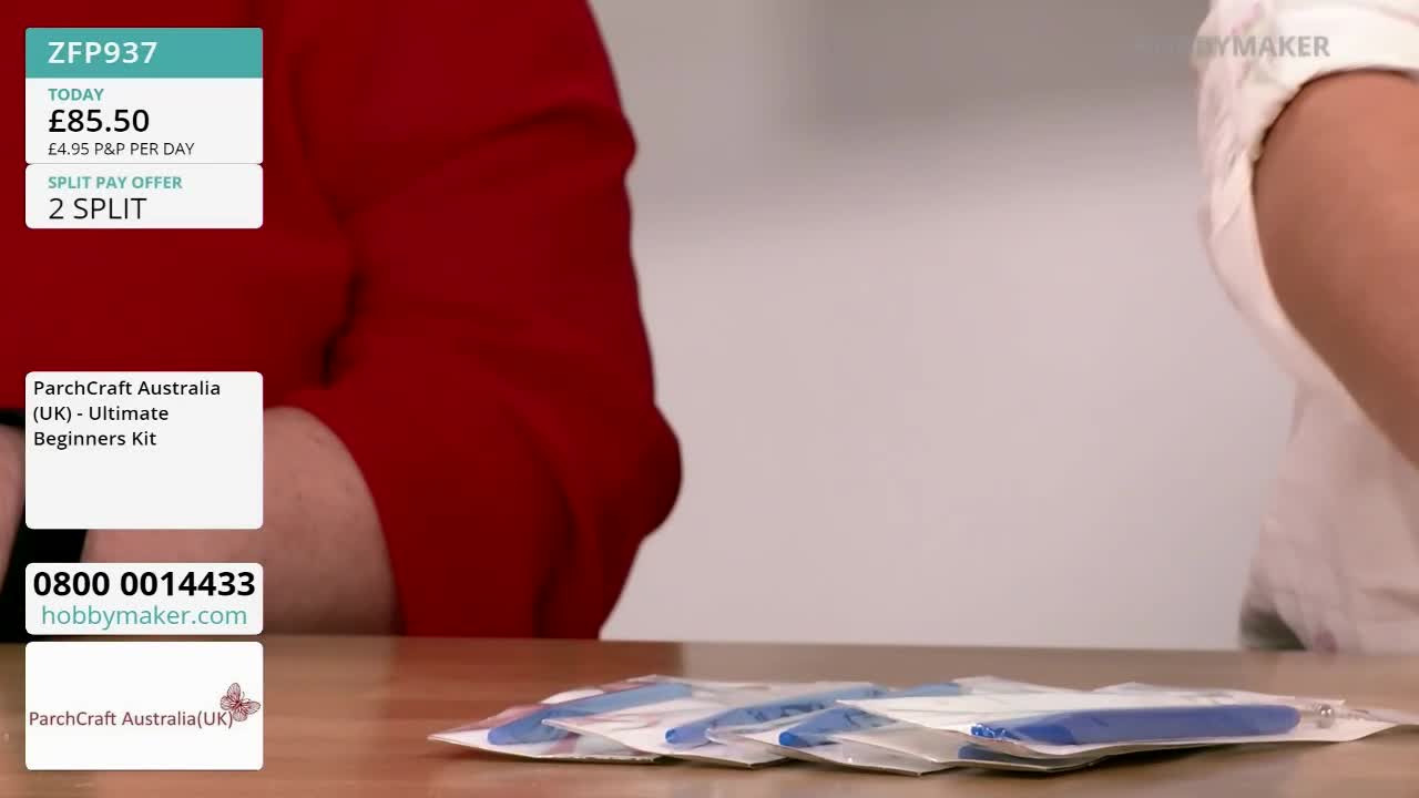 A person in a red shirt stands next to a table where several packaged craft kits are displayed. The Hobby Maker logo is visible, and the price of the "Ultimate Beginners Kit" from ParchCraft Australia (UK) is listed on a screen.
