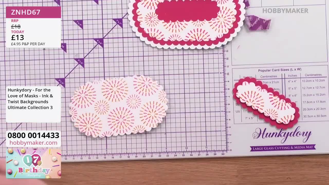 The Hobby Maker cutting mat is covered with patterned paper shapes, some layered with a contrasting color. A price tag for the product is visible in the corner.
