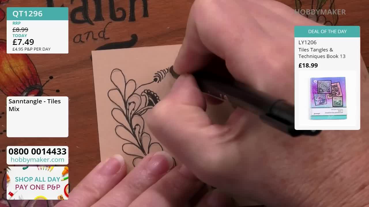 A hand, holding a black pen, carefully adds a series of curved lines to a drawing on a beige tile. The Hobby Maker logo is visible in the corner, with a deal of the day offer for a book of techniques.
