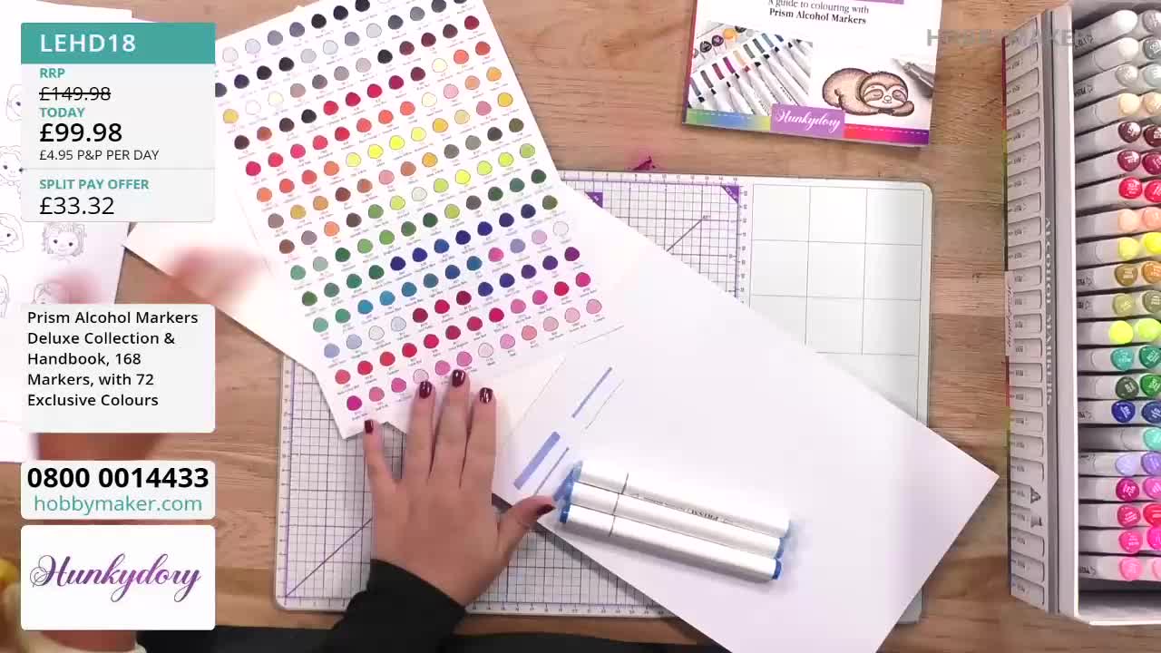 A hand with painted nails holds a color chart, while three white markers rest on a sheet of paper. The Hobby Maker presentation is showing off the Prism Alcohol Markers Deluxe Collection.
