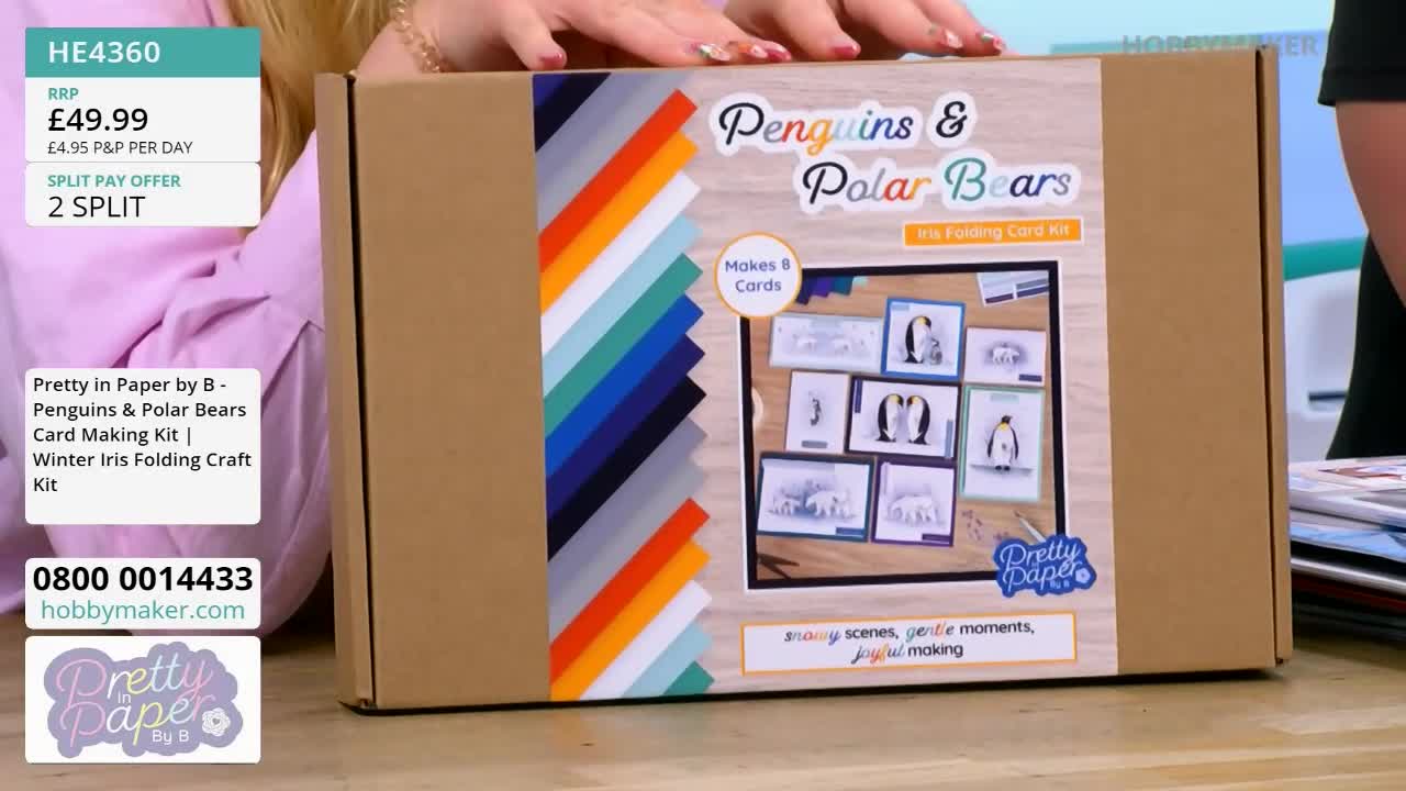 A cardboard box, labeled "Penguins & Polar Bears," is held up, showcasing the card-making kit from Hobby Maker. The box is decorated with colorful paper and sample cards featuring winter scenes.
A cardboard box, labeled "Penguins & Polar Bears," is held up, showcasing the card-making kit from Hobby Maker. The box is decorated with colorful paper and sample cards featuring winter scenes.