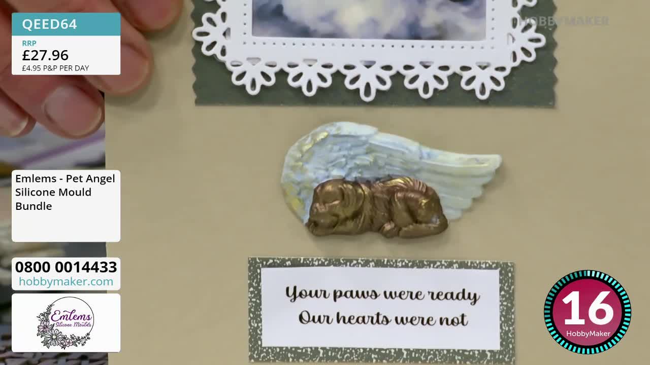 A Hobby Maker display shows a pet angel silicone mould, with an angel wing and a golden dog resting on a card. The price is displayed, and the clock ticks down.
