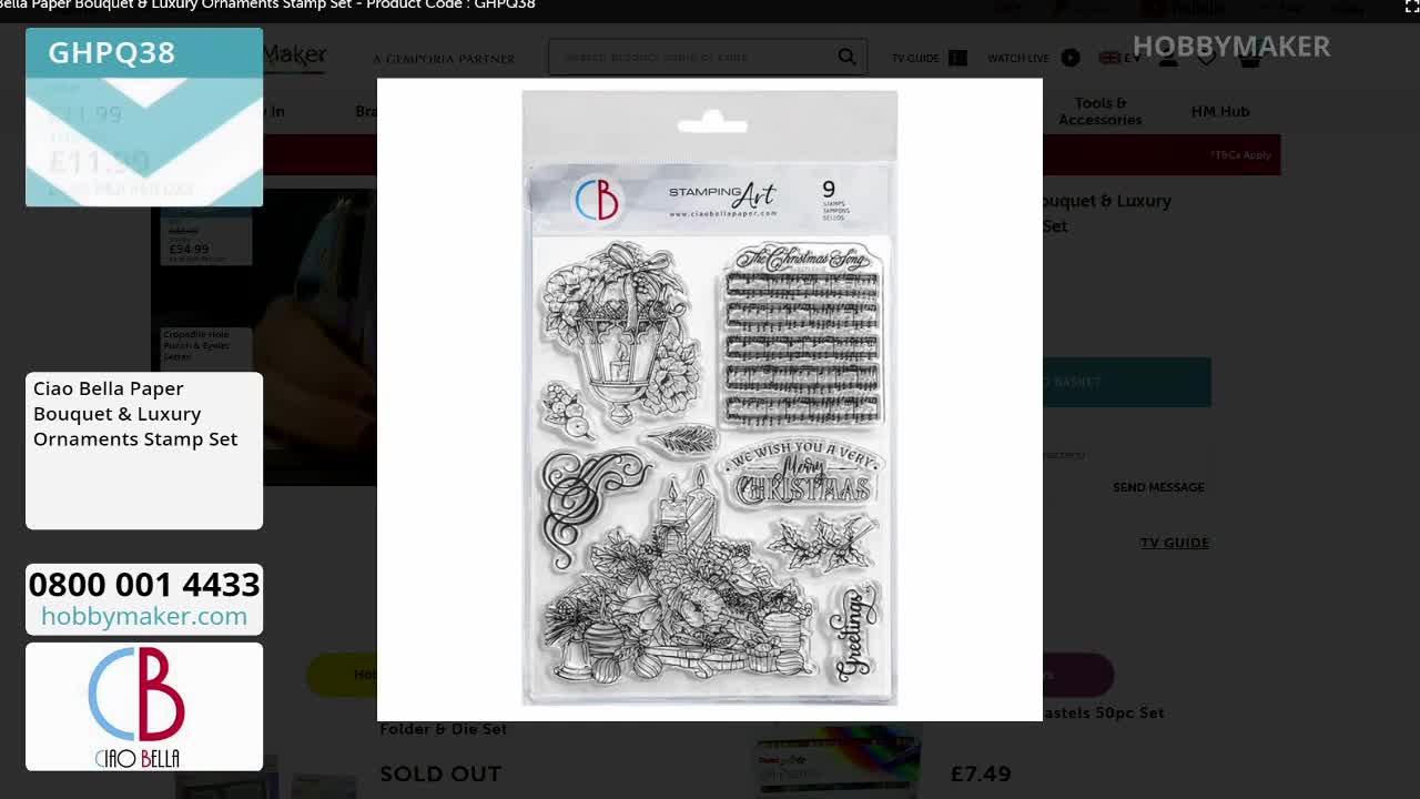 A stamp set from Ciao Bella is displayed on the screen, with a floral bouquet and Christmas-themed designs. The Hobby Maker website is visible in the background, offering the product for sale.
