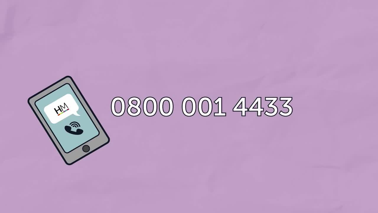 A smartphone displays a call in progress, with "HM" in a speech bubble. The phone number 0800 001 4433 sits beside it on a purple background.

