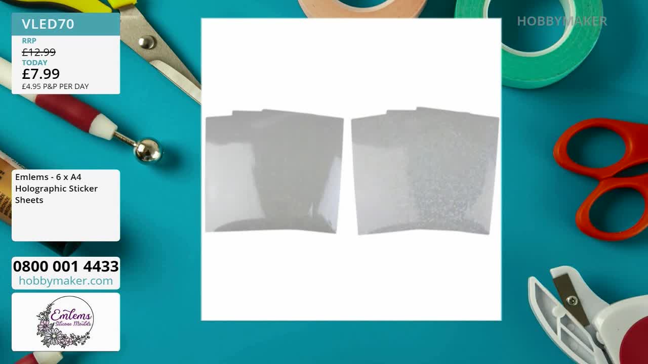 A stack of holographic sticker sheets sits on a white surface, two on the left appearing smooth and reflective. To their right, another stack of sheets displays a subtle, textured shimmer.