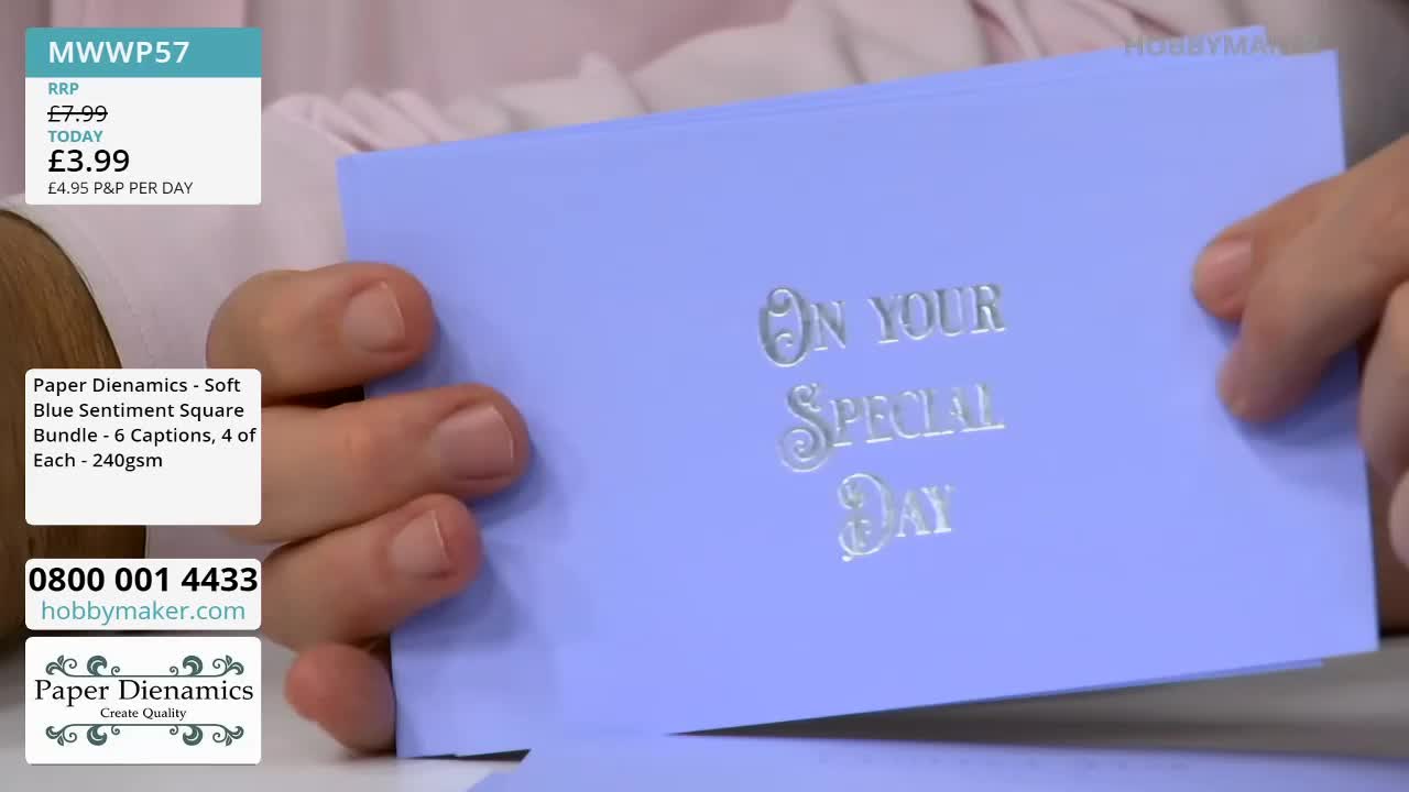 Fingers hold open a pale blue card, revealing the embossed silver text "ON YOUR SPECIAL DAY." A price graphic indicates the item is from Hobby Maker.