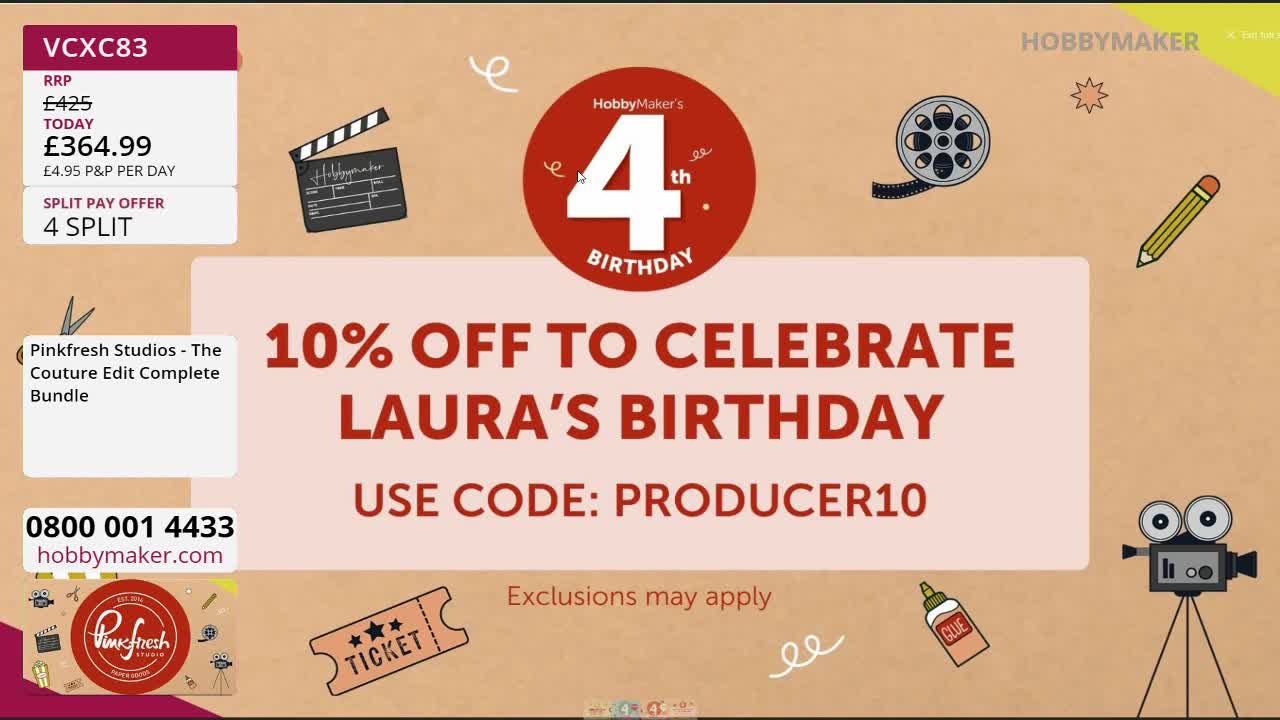 A graphic advertises a 10% discount for Hobby Maker's 4th birthday, celebrating Laura. The offer, valid with code PRODUCER10, applies to the Pinkfresh Studios - The Couture Edit Complete Bundle. A graphic advertises a 10% discount for Hobby Maker's 4th birthday, celebrating Laura. The offer, valid with code PRODUCER10, applies to the Pinkfresh Studios - The Couture Edit Complete Bundle.