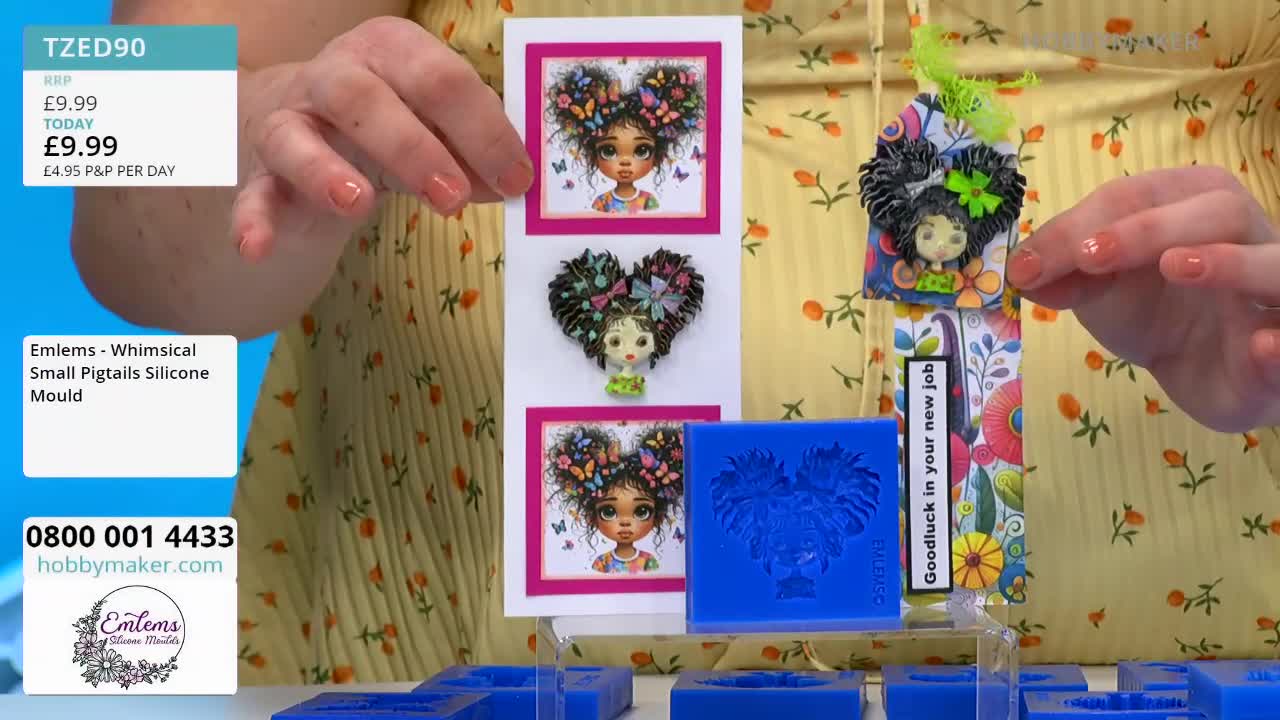 A woman's hands hold up a display featuring three framed images of a whimsical girl with butterflies in her hair. Beside it, a blue silicone mould shows the same design, ready for crafting.