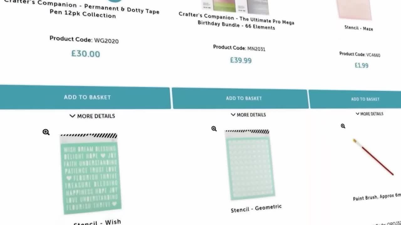 A crafting website displays a collection of stencils and a paintbrush. One stencil features inspirational words, while another shows a geometric pattern.