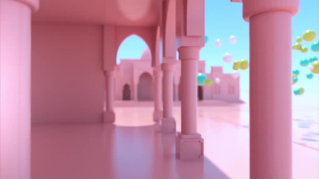 A row of pink columns frames a long, reflective walkway. Pastel-colored orbs float in the sky, adding a playful touch to the otherwise monochromatic scene.
