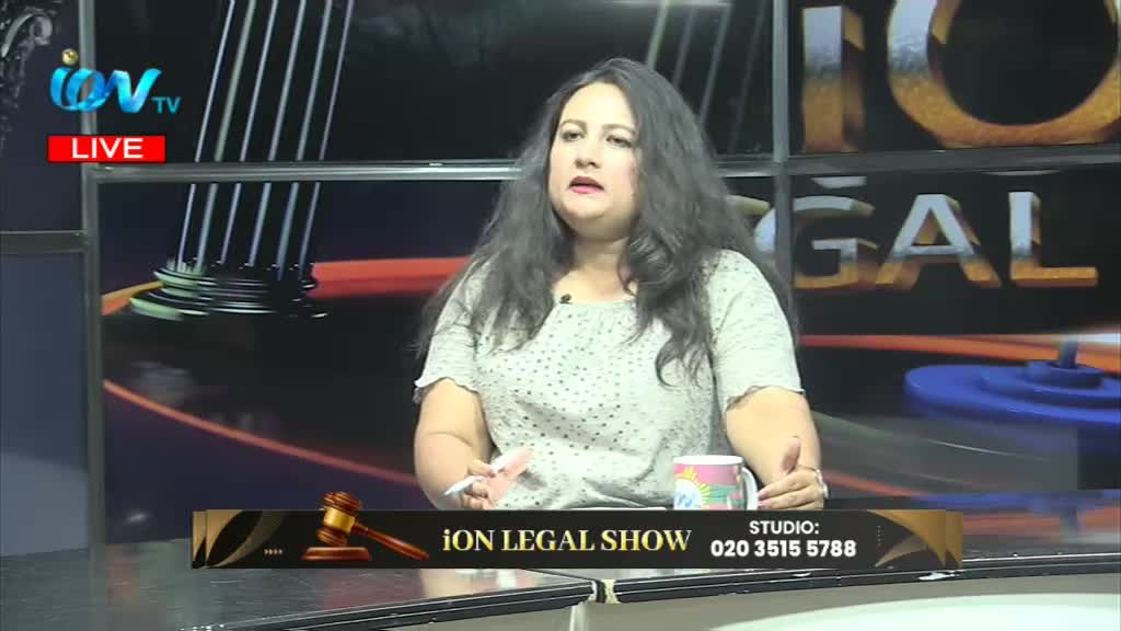 On the Ion Legal Show, a woman with long, dark hair is speaking, gesturing with her hands. A mug sits on the desk in front of her, and the show's logo is visible.
