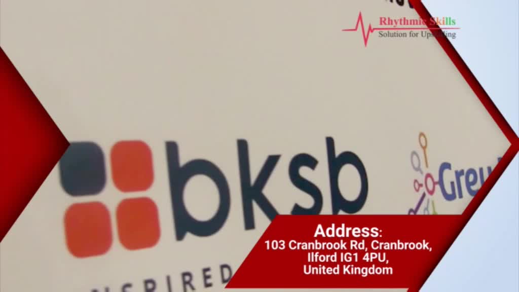A logo for "bksb" and "Grey" is displayed, along with an address in Ilford, United Kingdom. A red banner with the address information overlays the image.
