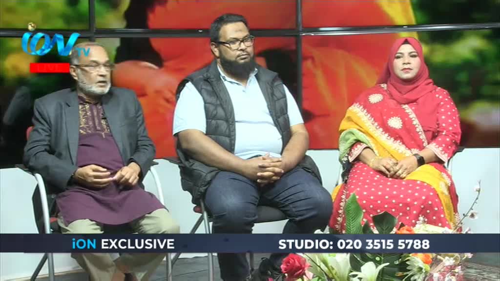 Three people are seated on chairs, facing forward in a studio setting. The Ion TV logo is visible, and a phone number is displayed at the bottom of the screen.
