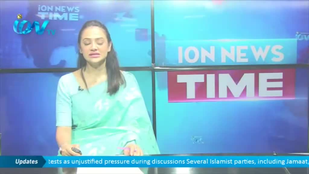 A woman in a light blue sari sits behind a desk, speaking into a microphone. The Ion TV logo and "ION NEWS TIME" are displayed behind her.
